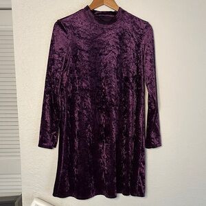 Tiana Crushed Velvet Swing Mini Dress Eggplant Purple Dark Goth Long Sleeve Mock